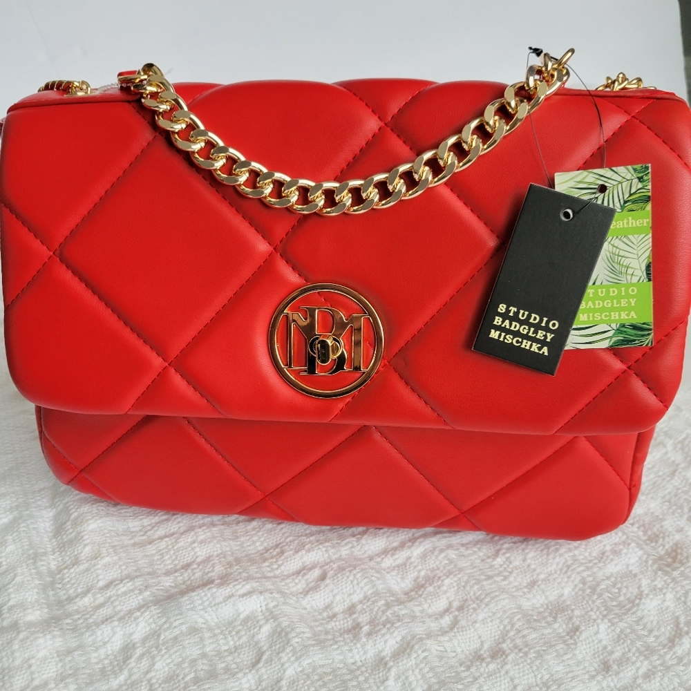 Badgley Mischka Letter Lock Red Vegan Leather Quilted bag